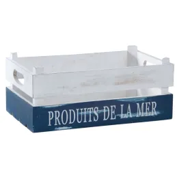 Caisse "Produits de la Mer" en bois patiné blanc et bleu