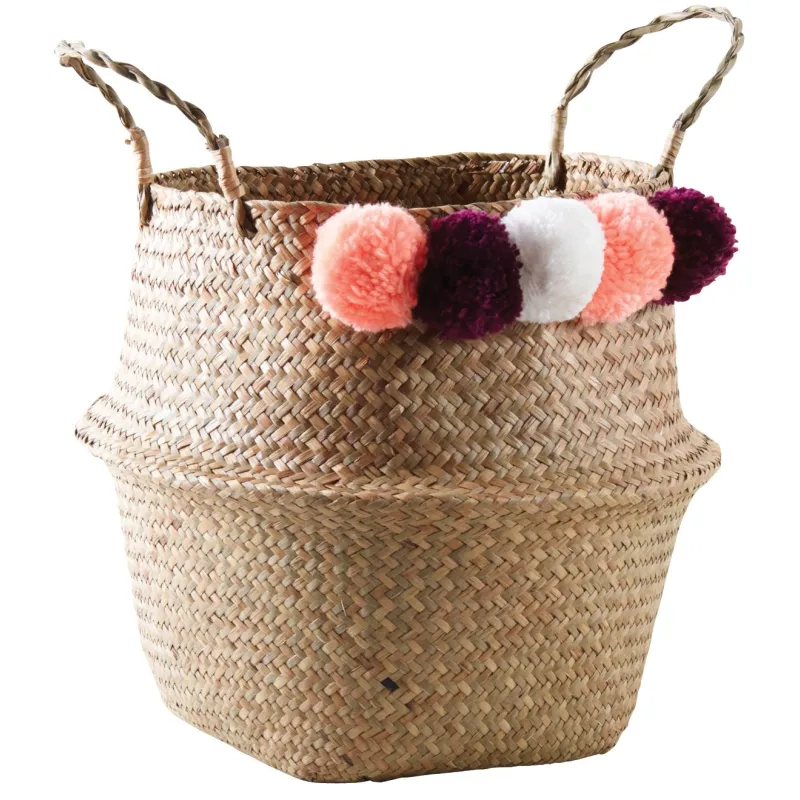 Panier rond en jonc naturel avec pompons