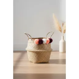 Panier rond en jonc naturel avec pompons