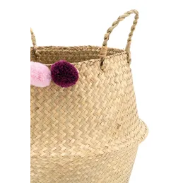 Panier rond en jonc naturel avec pompons