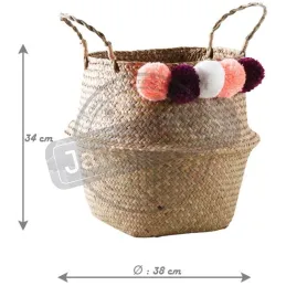 Panier rond en jonc naturel avec pompons