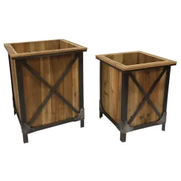 Cache-pot en pin et métal (Lot de 2)
