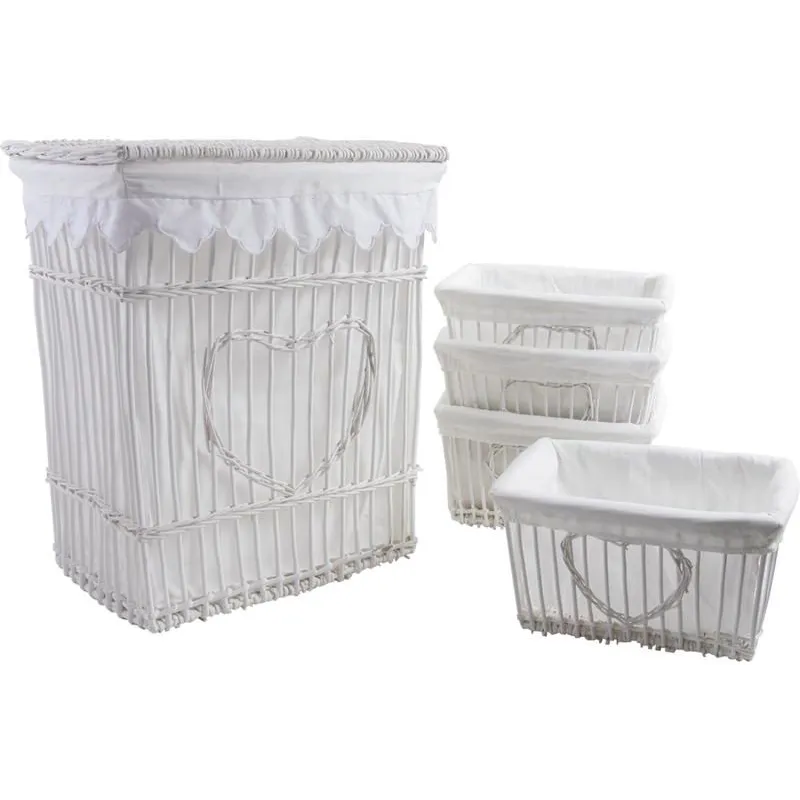 Panier à linge et 4 corbeilles coeur en osier et coton blanc (Lot de 5)