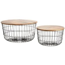 Tables basses en métal noir et bois naturel (Lot de 2)