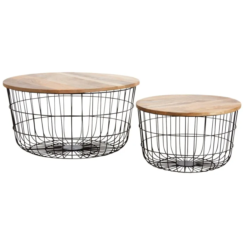 Tables basses en métal noir et bois naturel (Lot de 2)