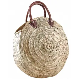 Cabas rond en palmier avec poignées cuir