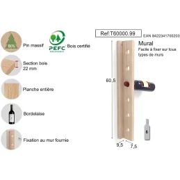 Support bouteilles mural en bois 6 bouteilles