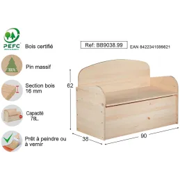 Banc coffre de rangement en pin brut 78 litres