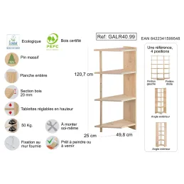 Etagère d'angle en pin brut Gala