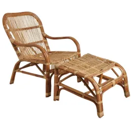 Fauteuil et repose pieds en rotin brut avec écorce