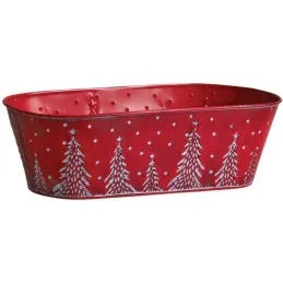 Corbeille en métal rouge sapins de Noël 35 cm
