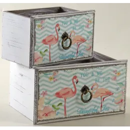 Corbeille tiroir en bois flamants roses (Lot de 2)