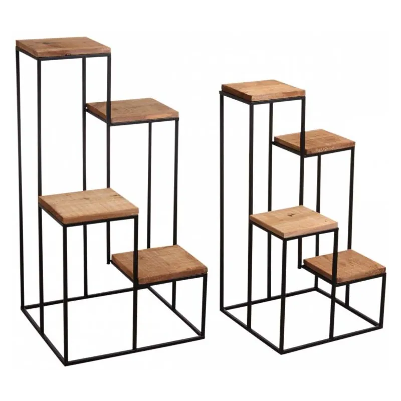 Sellette en métal 4 plateaux en bois (Lot de 2)