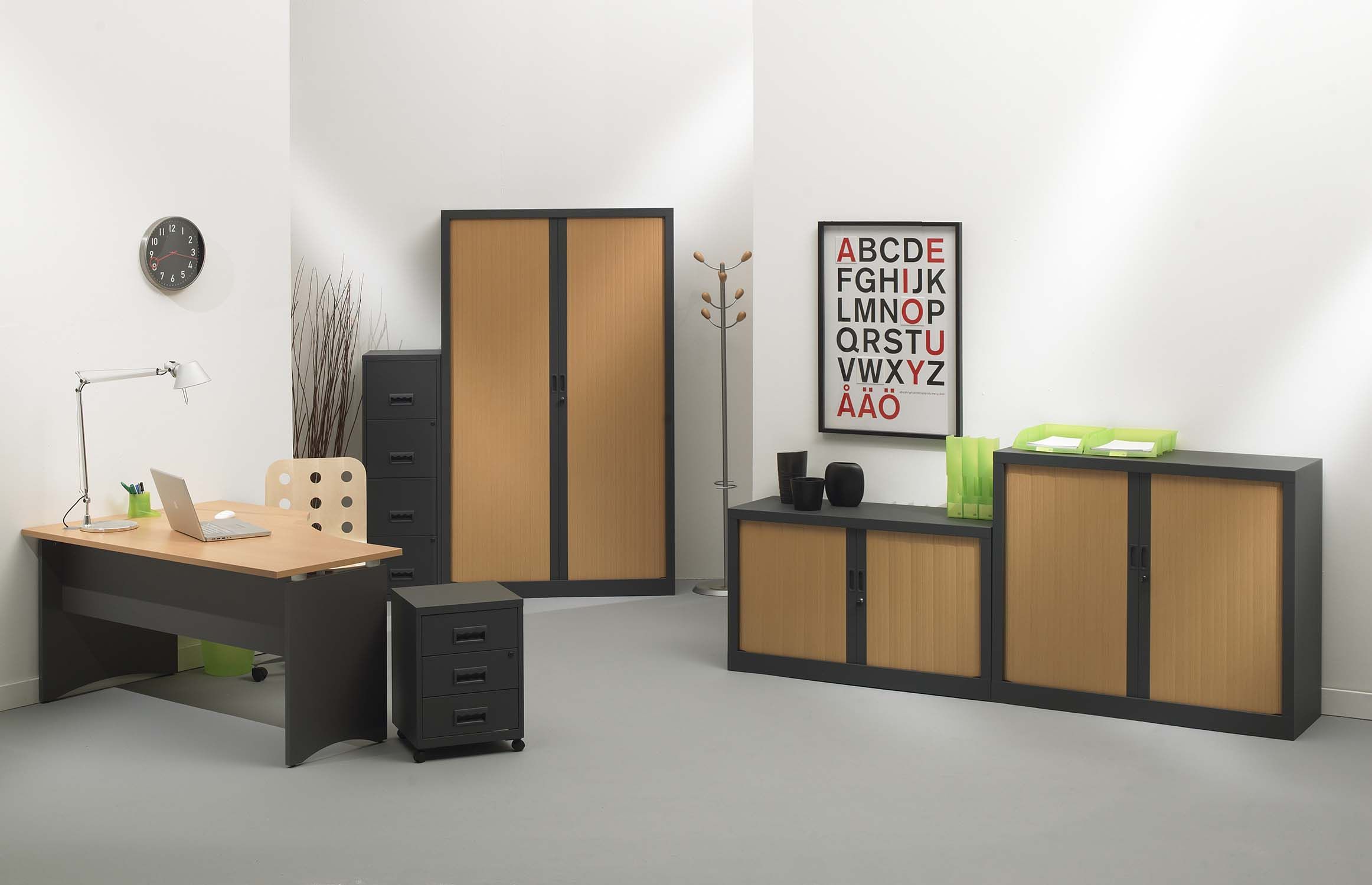 Armoire de bureau portes à rideaux 3 étagères (anthracite, hêtre)