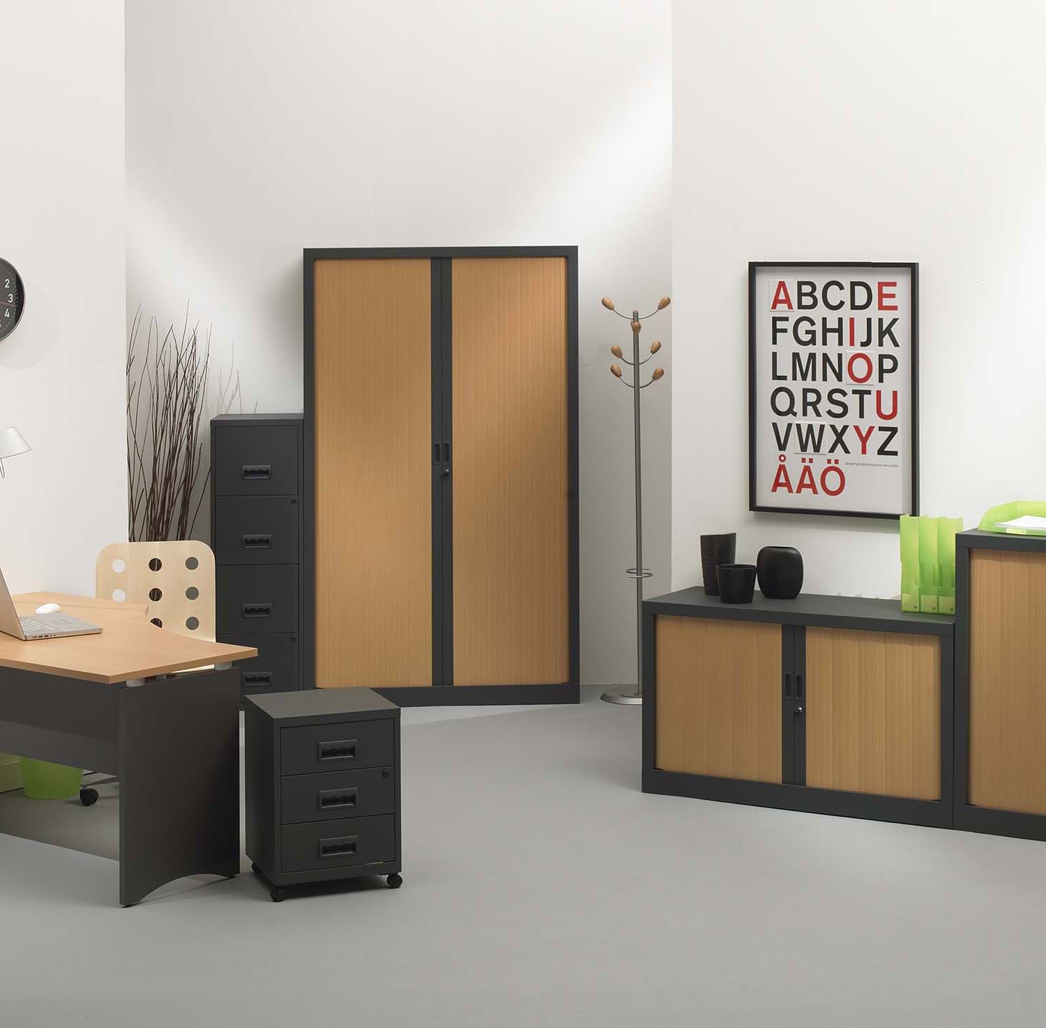 Armoire de bureau portes à rideaux 3 étagères (anthracite, hêtre)