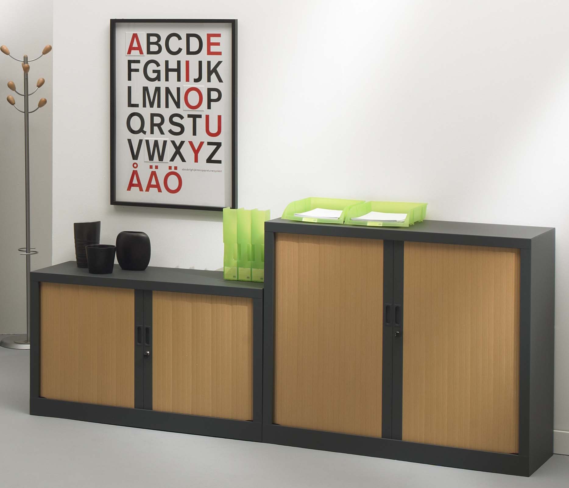 Armoire de bureau portes à rideaux 2 étagères (anthracite, hêtre)