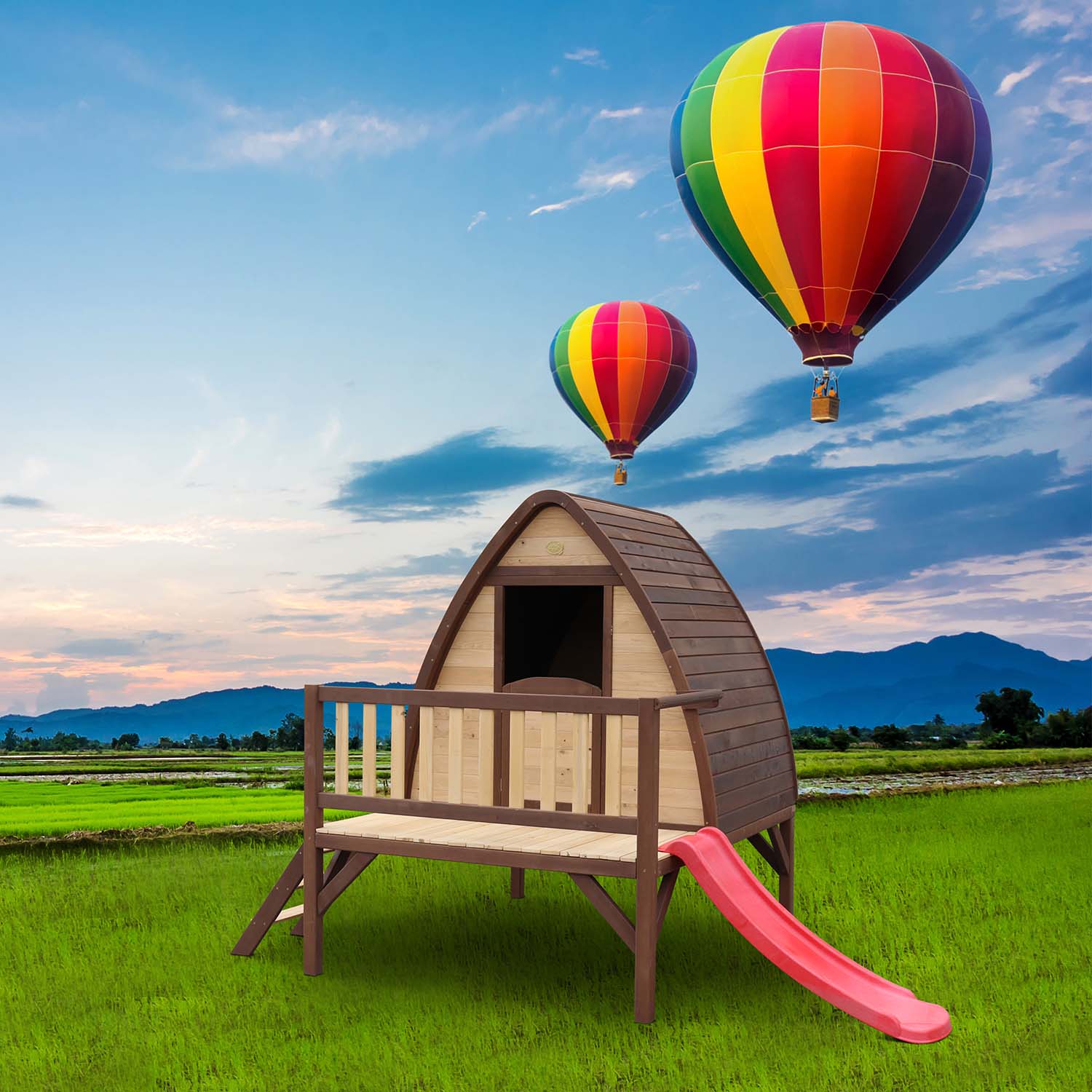 Cabane hutte  en bois avec terrasse et toboggan bali  xl