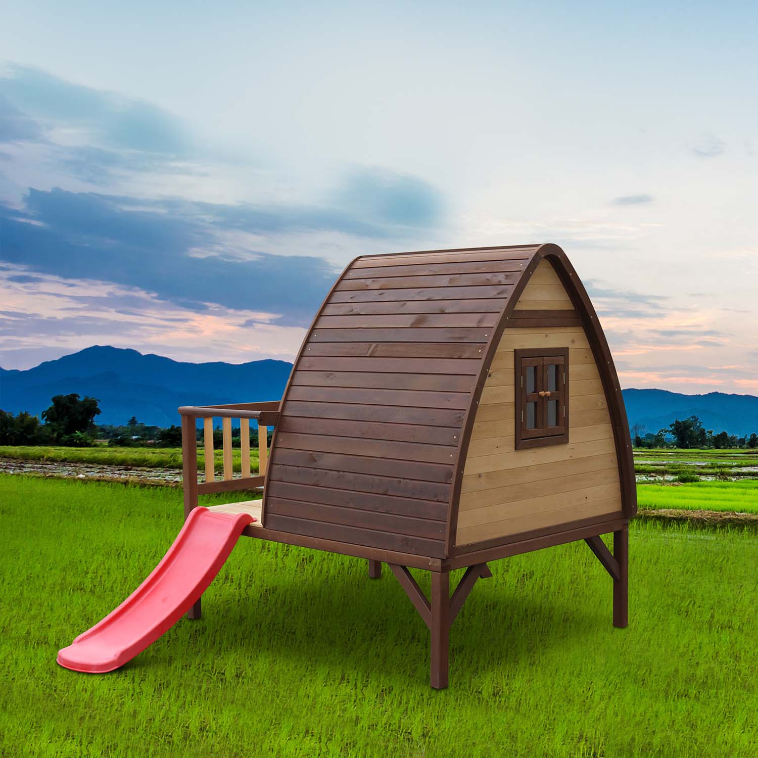 Cabane hutte  en bois avec terrasse et toboggan bali  xl