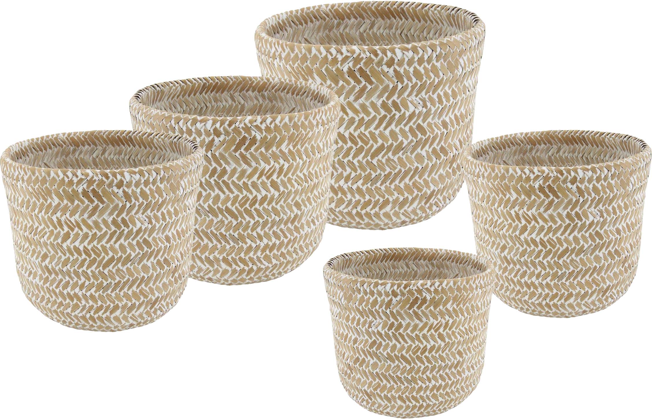 Cache Pot Rond En Bambou Patine Lot De 5 Blanc