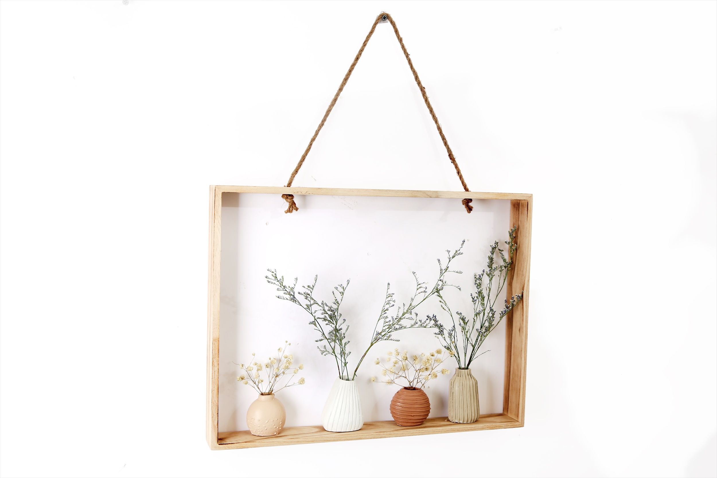 Cadre déco en pin avec vase de fleurs artificielles 32 x 38 x 7 cm