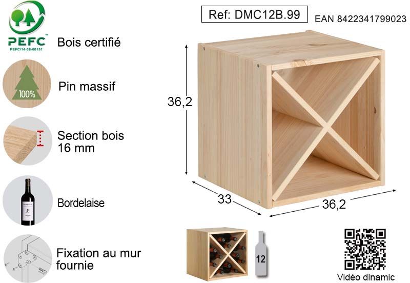 Casier à bouteilles modulaire en pin 12 bouteilles
