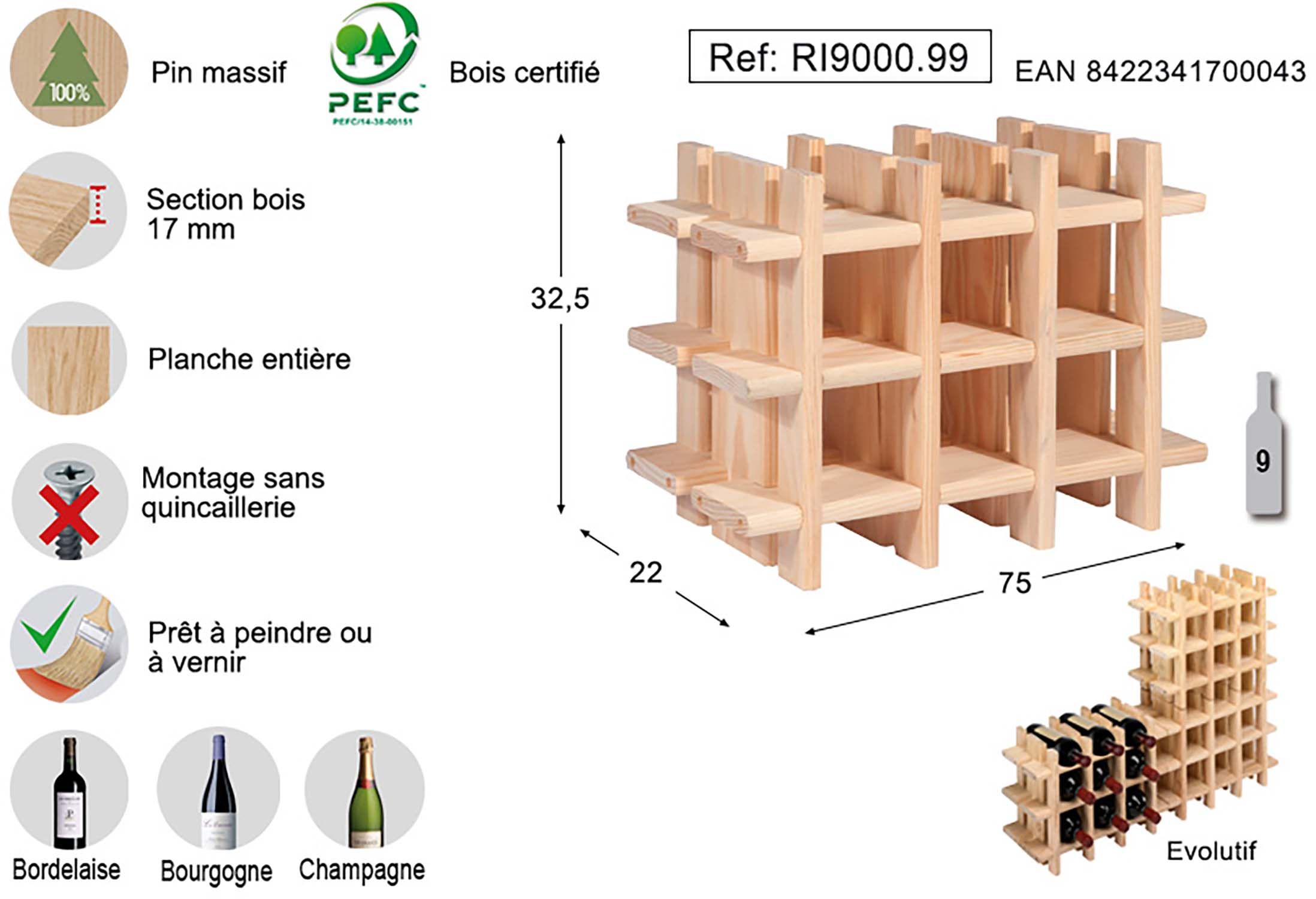 Casier à bouteilles en pin massif brut (9 bouteilles)