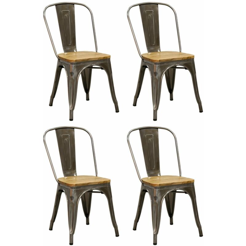 Chaise industrielle en métal et bois d'orme huilé (lot de 4) (acier brossé)