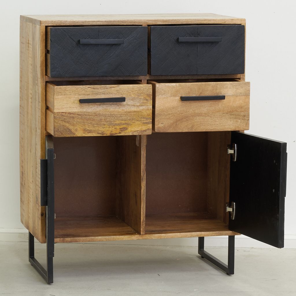 Meuble Commode Raven en bois de manguier porte coulissante en acier noir