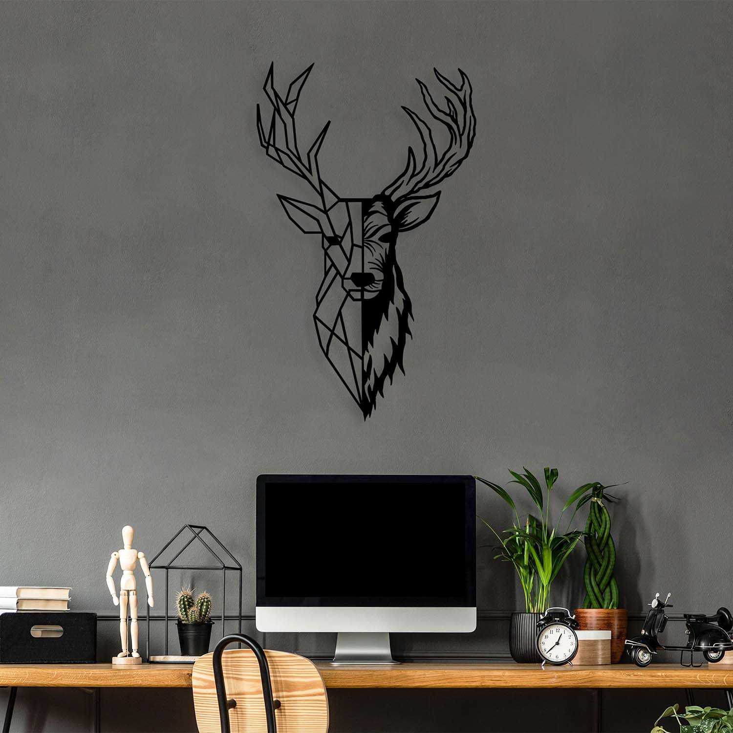 Décoration Murale Tête De Cerf Géométrique - Bois Noir 50cm, Design Minimaliste, Fait Main