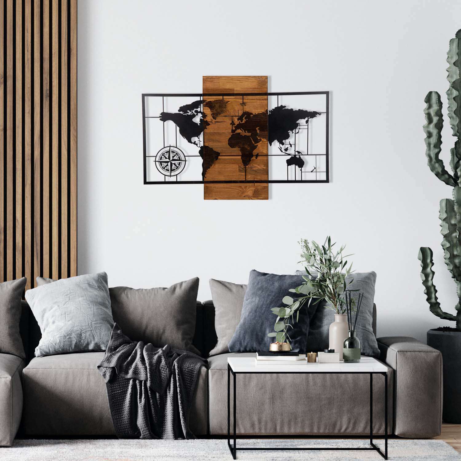 Décoration murale en métal et bois mappemonde