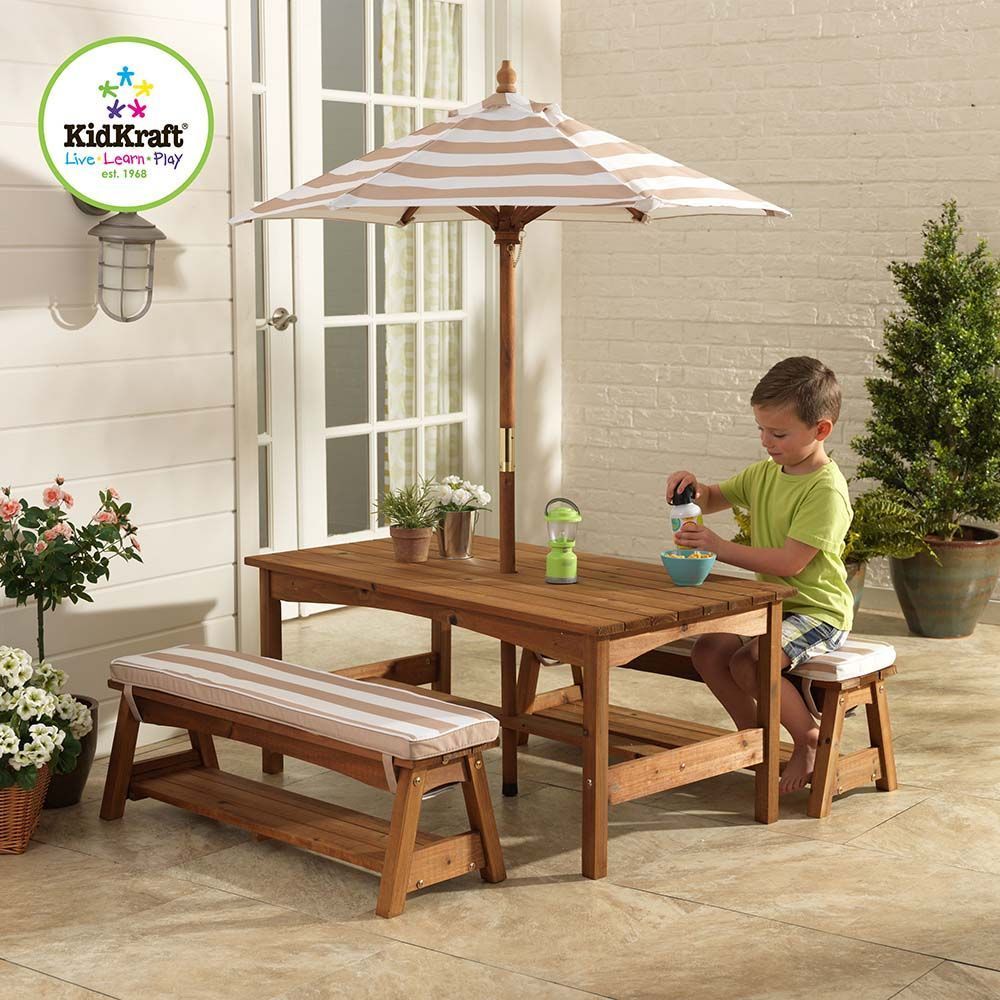 Ensemble table et bancs d'extérieur avec parasol enfant (coloris 2)