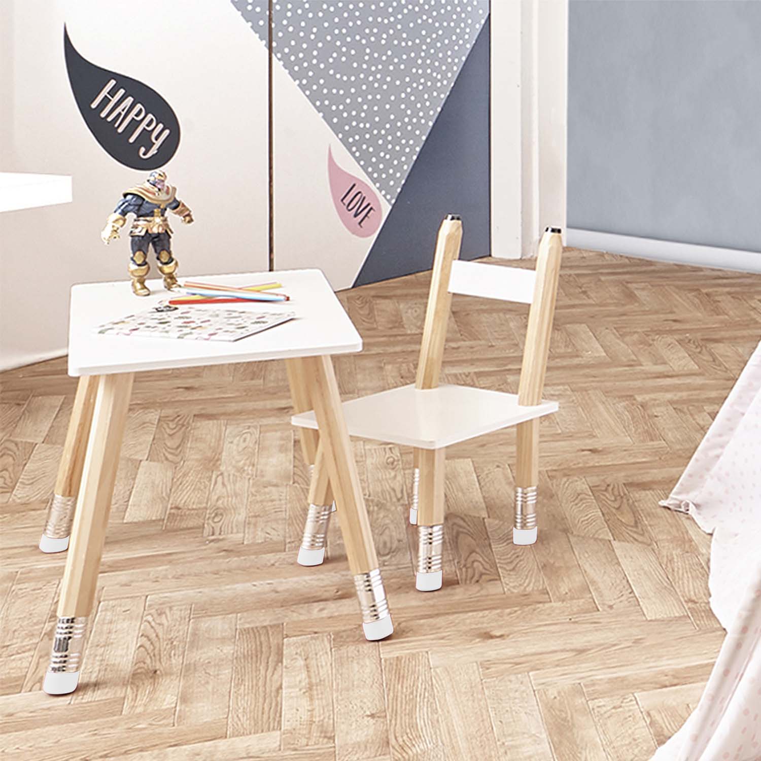 Ensemble table et 2 chaises pour enfants en bois crayon
