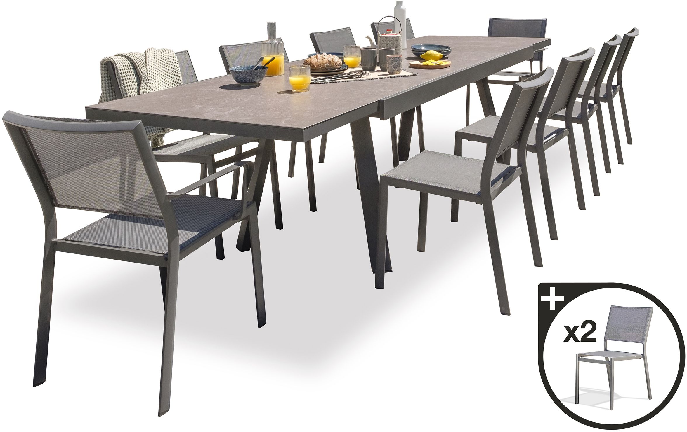 Ensemble table de jardin avec rallonge plateau céramique et assises