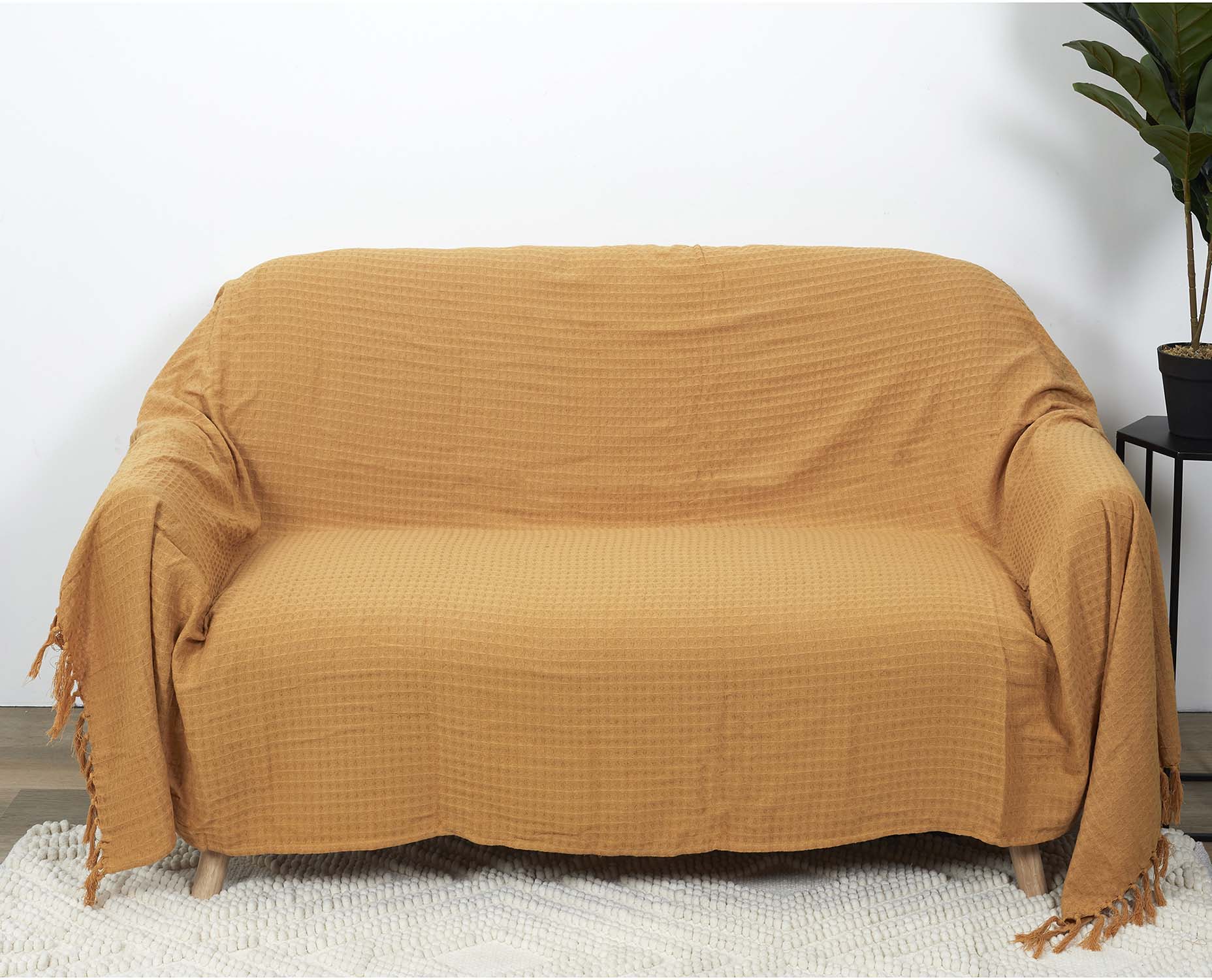 Jeté de canapé en coton gaufré 170 x 250 cm (jaune ocre)