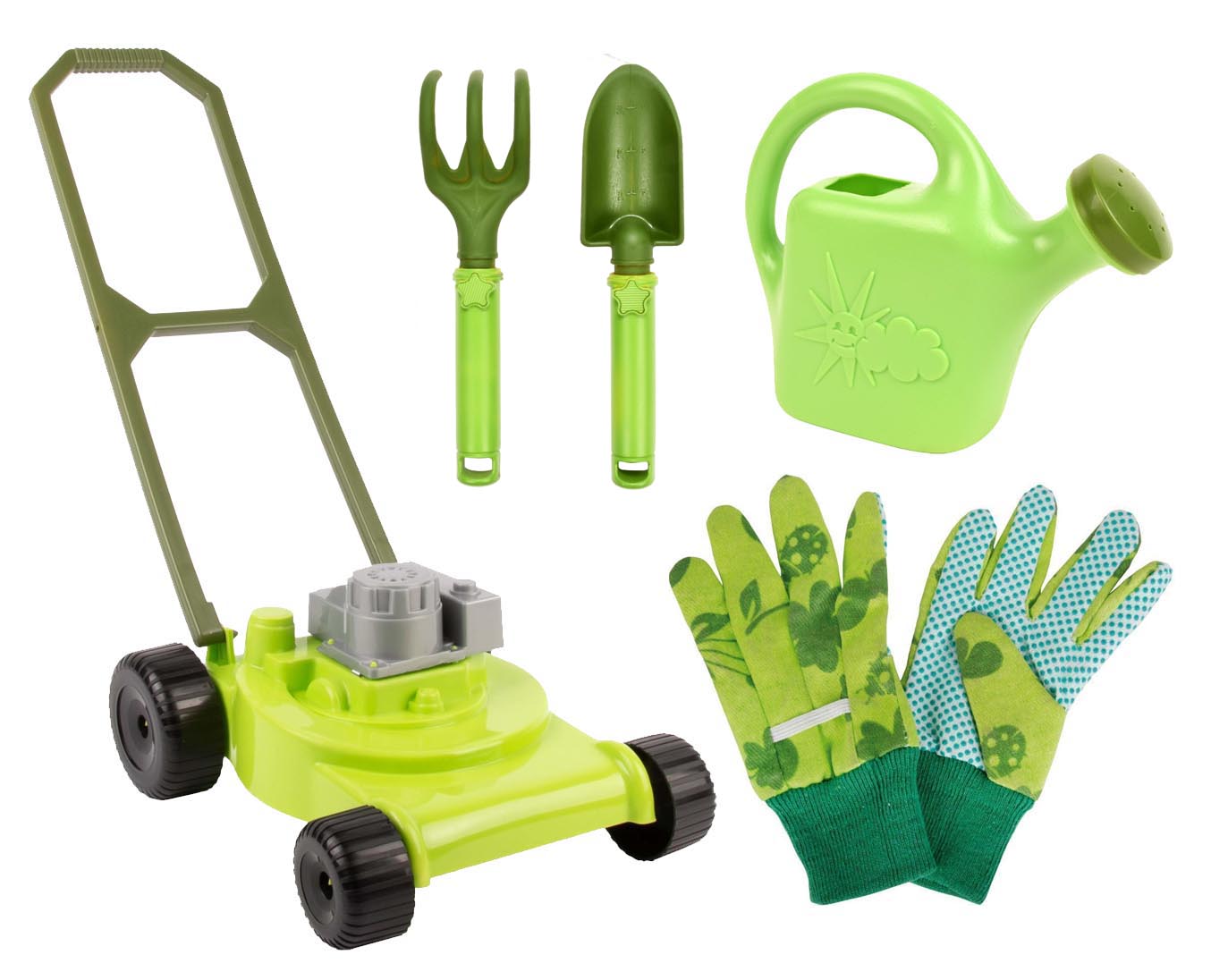 Kit petit jardinier accessoires pour enfant en plastique (gants + petits  outils + arrosoir + tondeuse)
