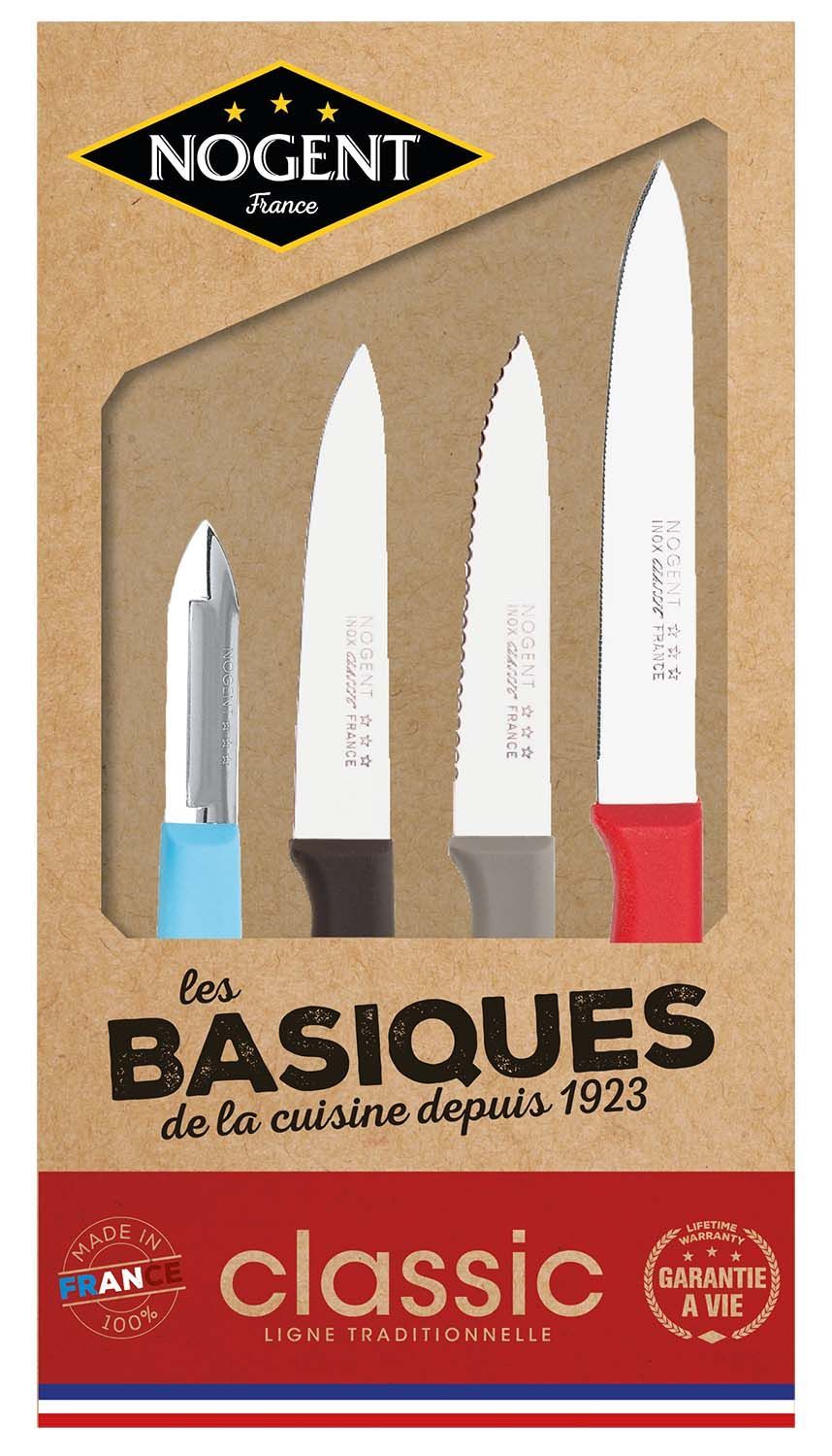 Lot couteaux de cuisine les basiques fabrication française (rouge - gris -  noir - bleu)