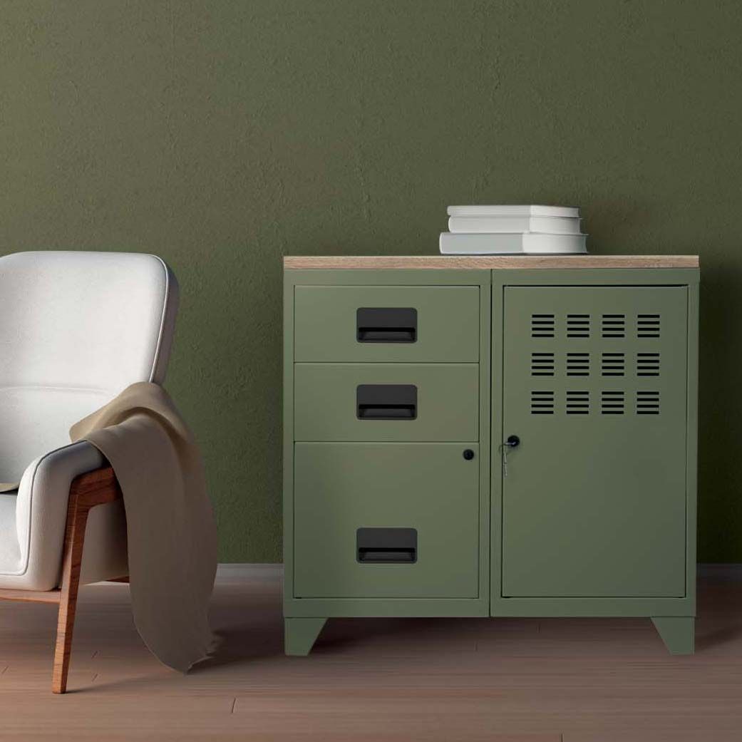 Meuble bureau métal 1 porte 3 tiroirs (kaki)