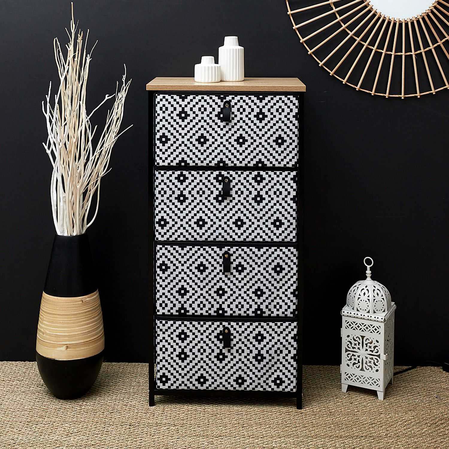 Meuble de rangement tiroirs en tissu ethnique (4 tiroirs)