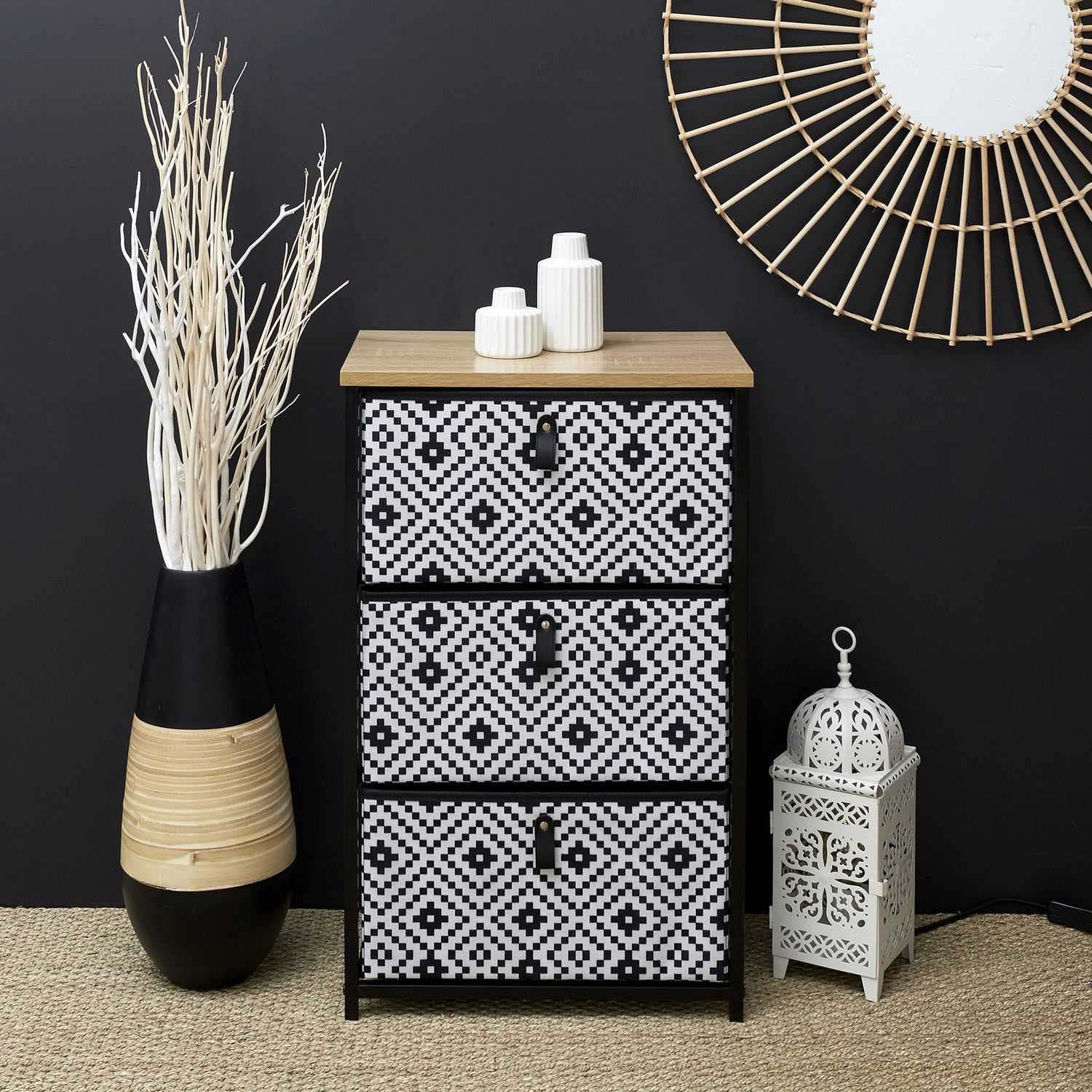 Meuble de rangement tiroirs en tissu ethnique (3 tiroirs)