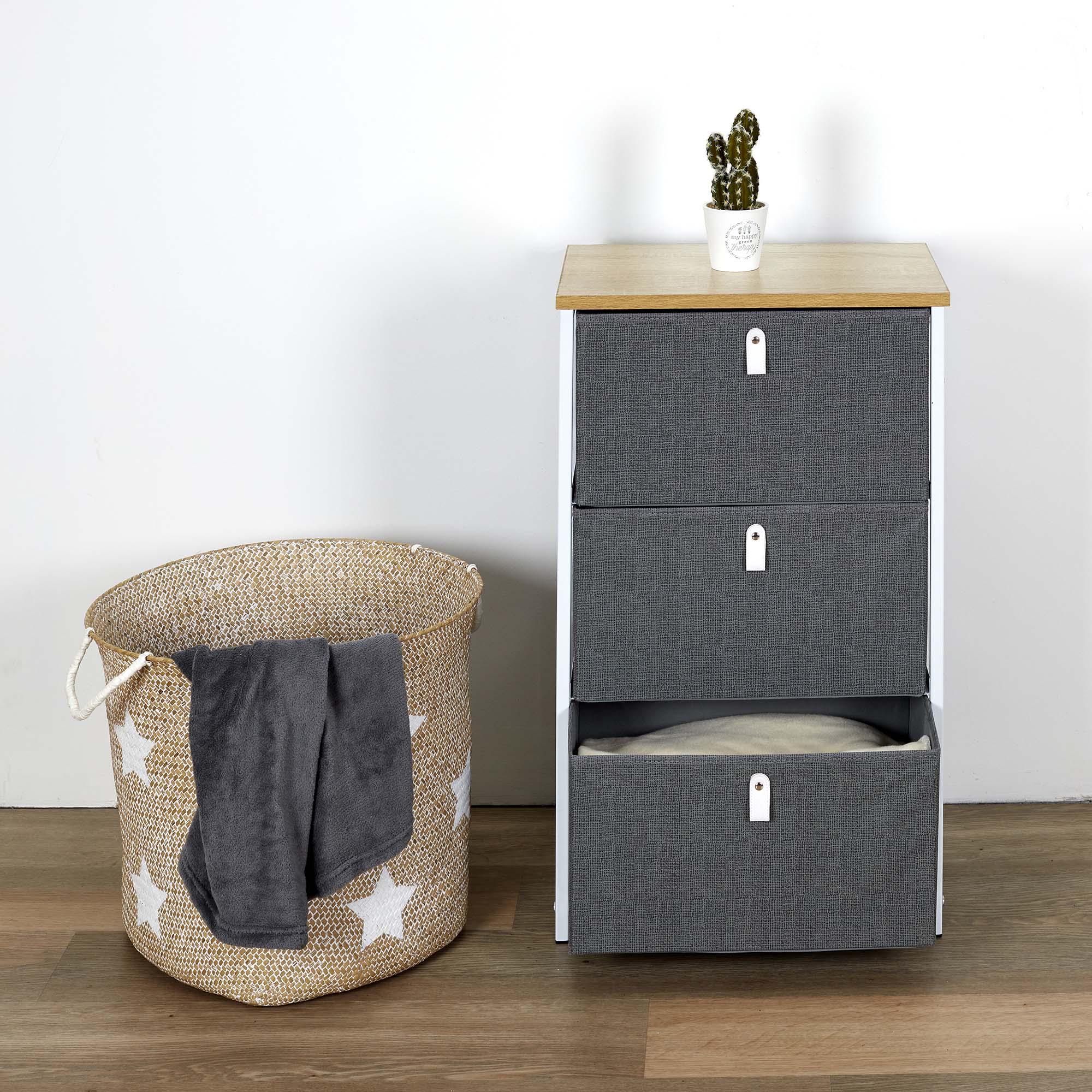 Meuble de rangement tiroirs en tissu plateau en bois (3 tiroirs)