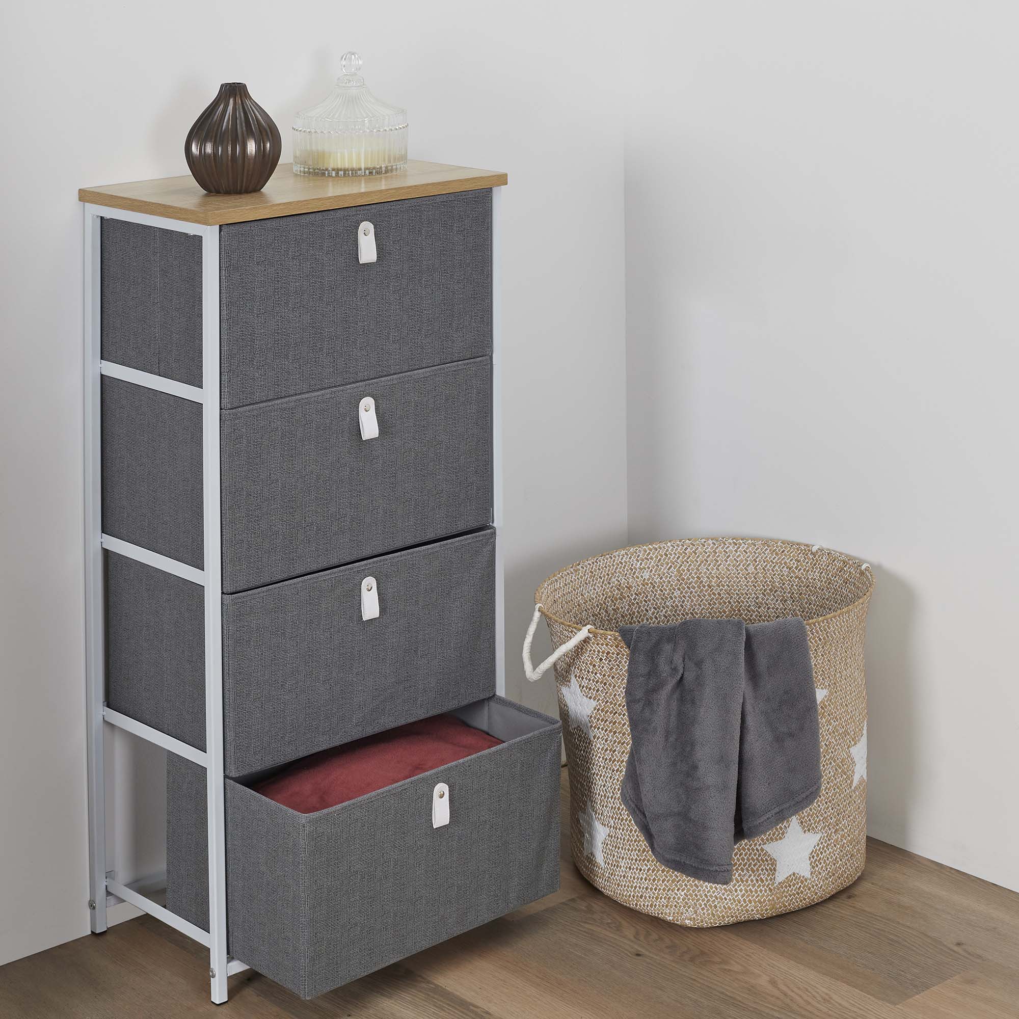 Meuble de rangement tiroirs en tissu plateau en bois (4 tiroirs)