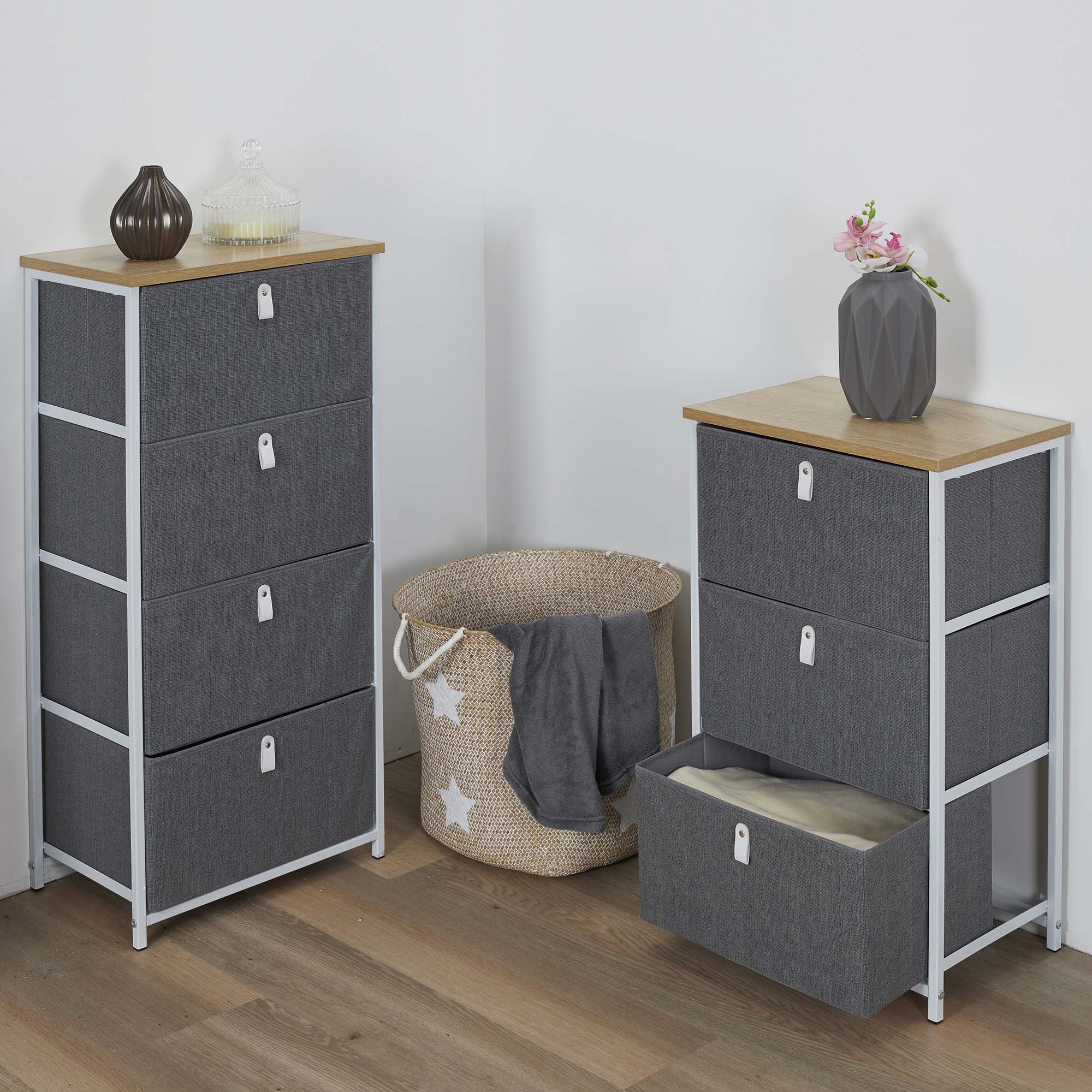 Meuble de rangement tiroirs en tissu plateau en bois (4 tiroirs)