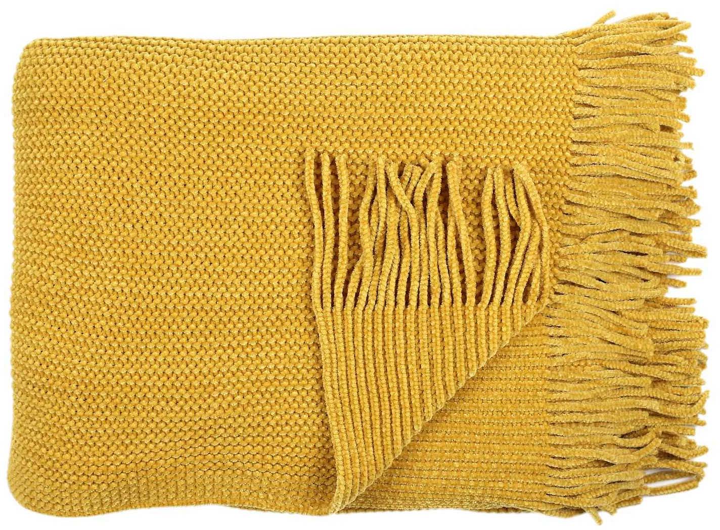 Plaid chenille en polyester avec franges 120 x 150 cm (moutarde)