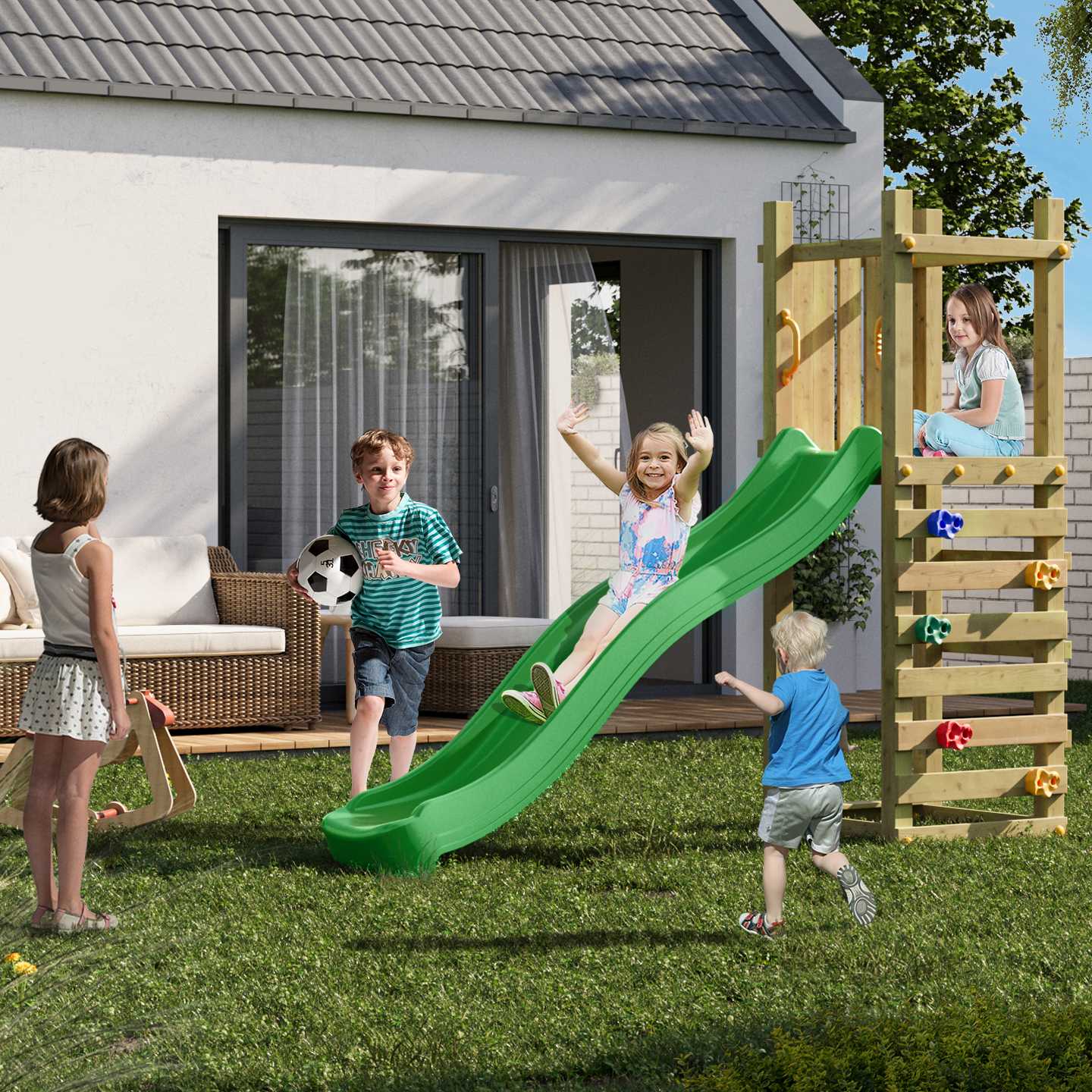 Plateforme de jeux en bois funny (toboggan + mur d'escalade)