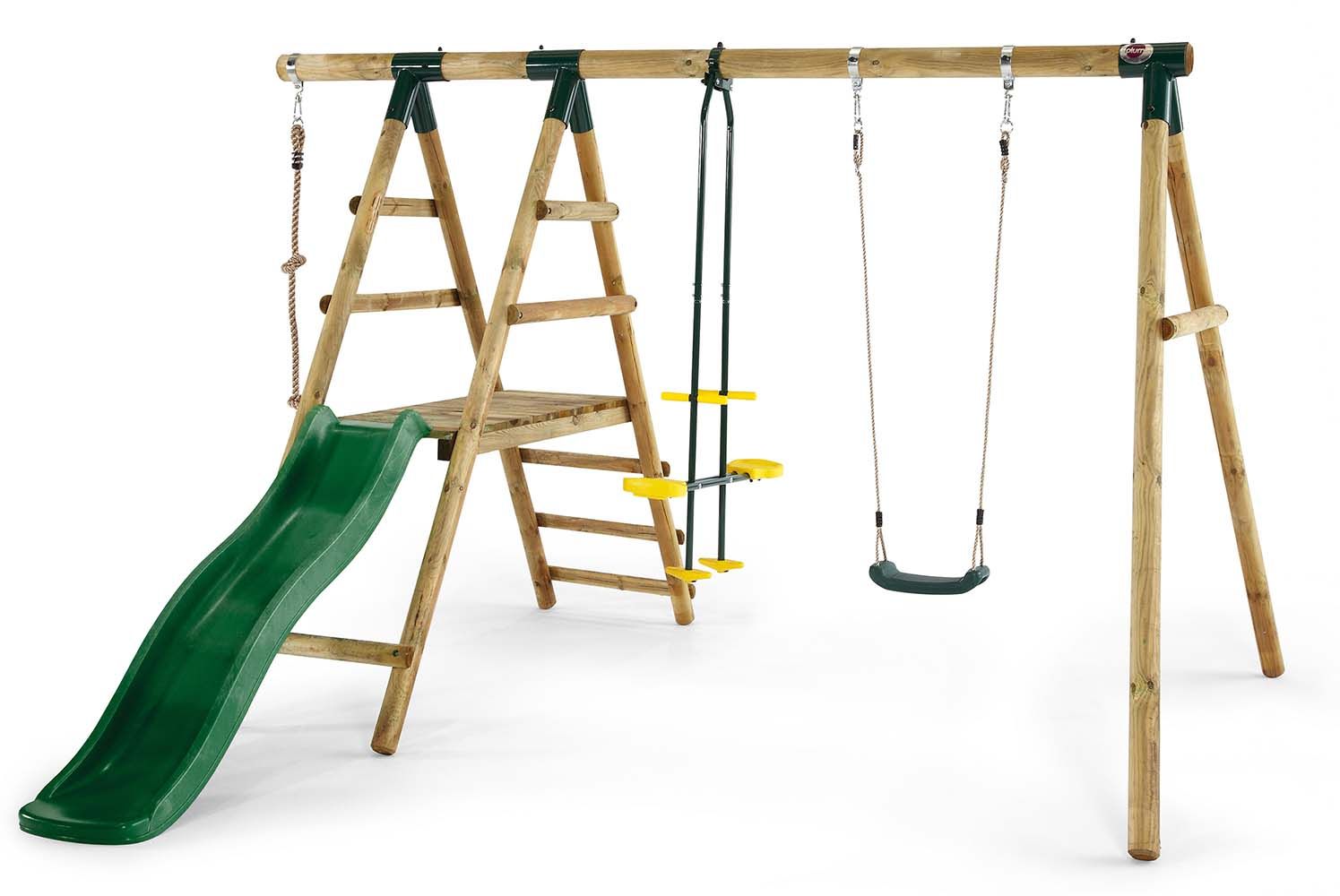 Portique en bois avec toboggan et agrès