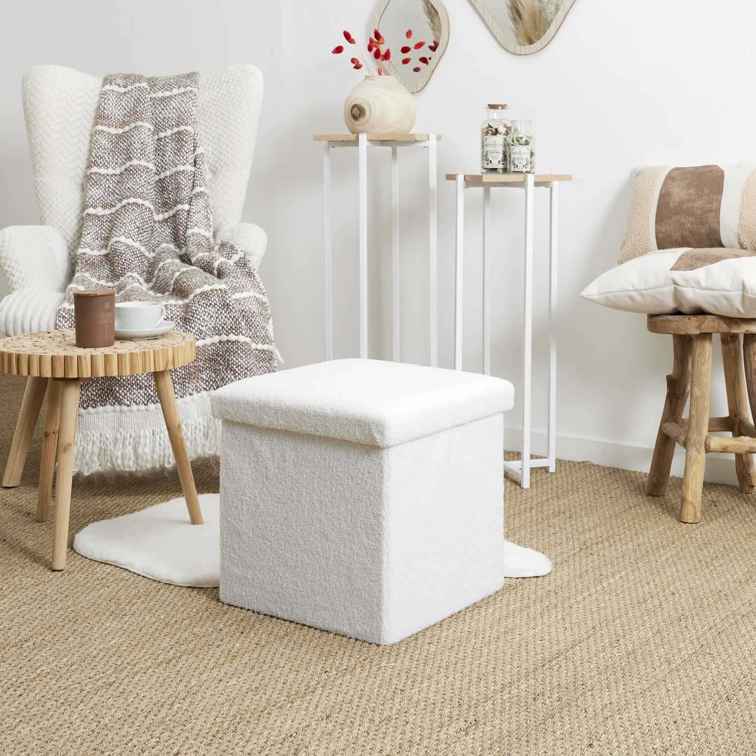 Pouf coffre pliable en bouclette blanc