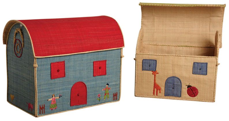 Coffres à Jouets Maison En Rabanne - Lot De 2, Tailles Différentes (68x42x58 Cm Et 60x35x50 Cm) - Rangement Enfant Déco Naturel Et Anis