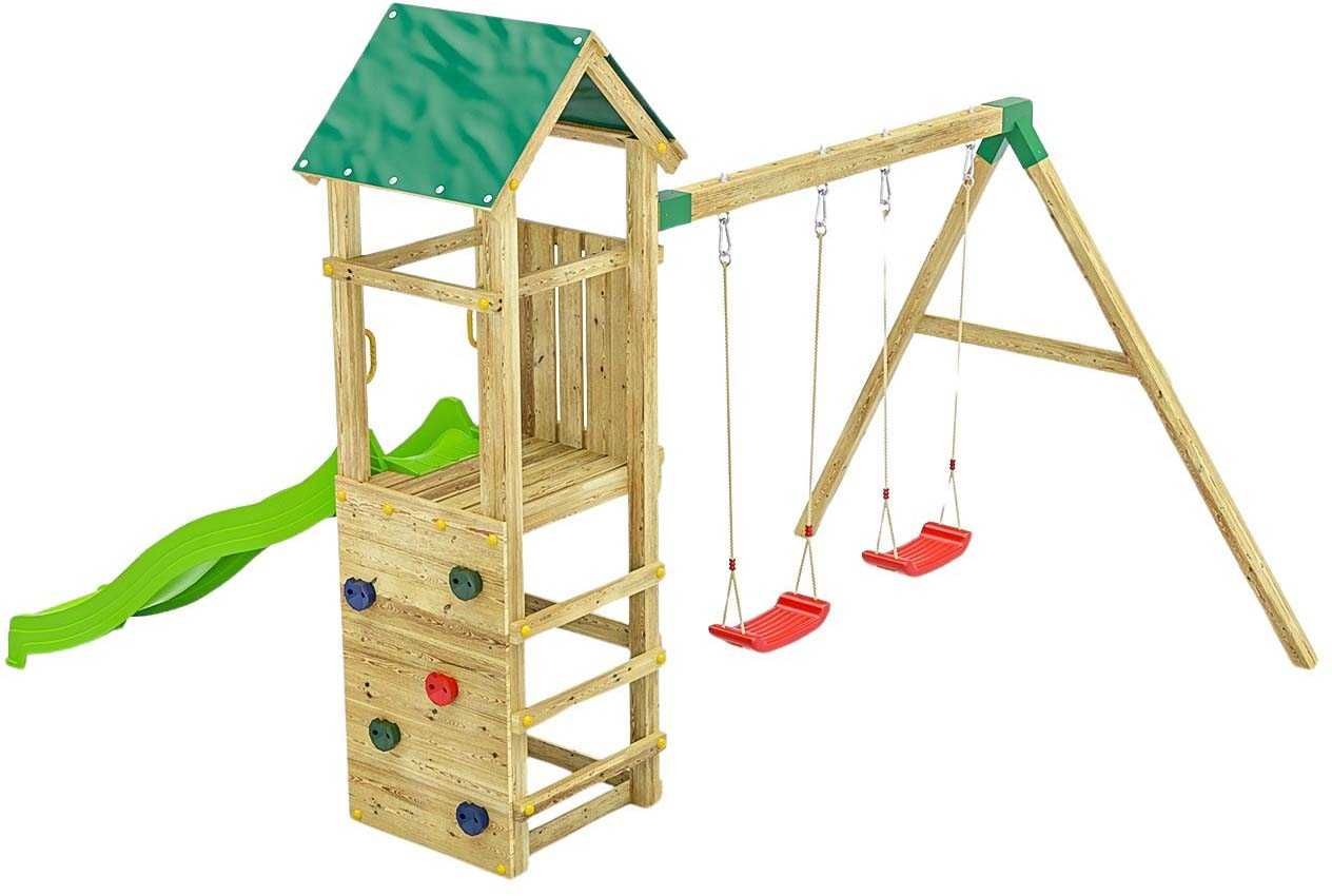 Structure de jeux en bois avec toboggan et balançoire double charly
