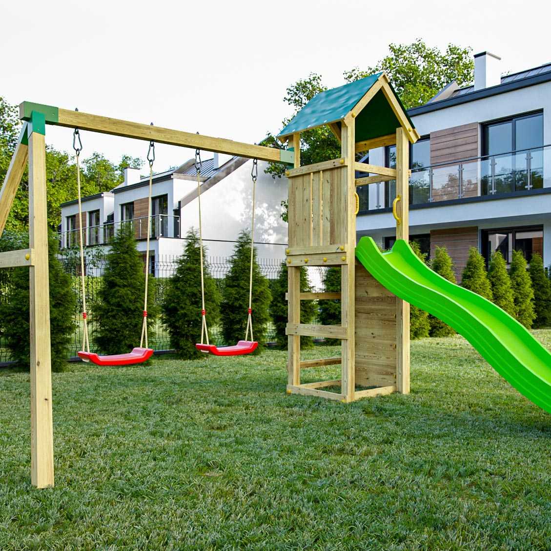 Structure de jeux en bois avec toboggan et balançoire double charly