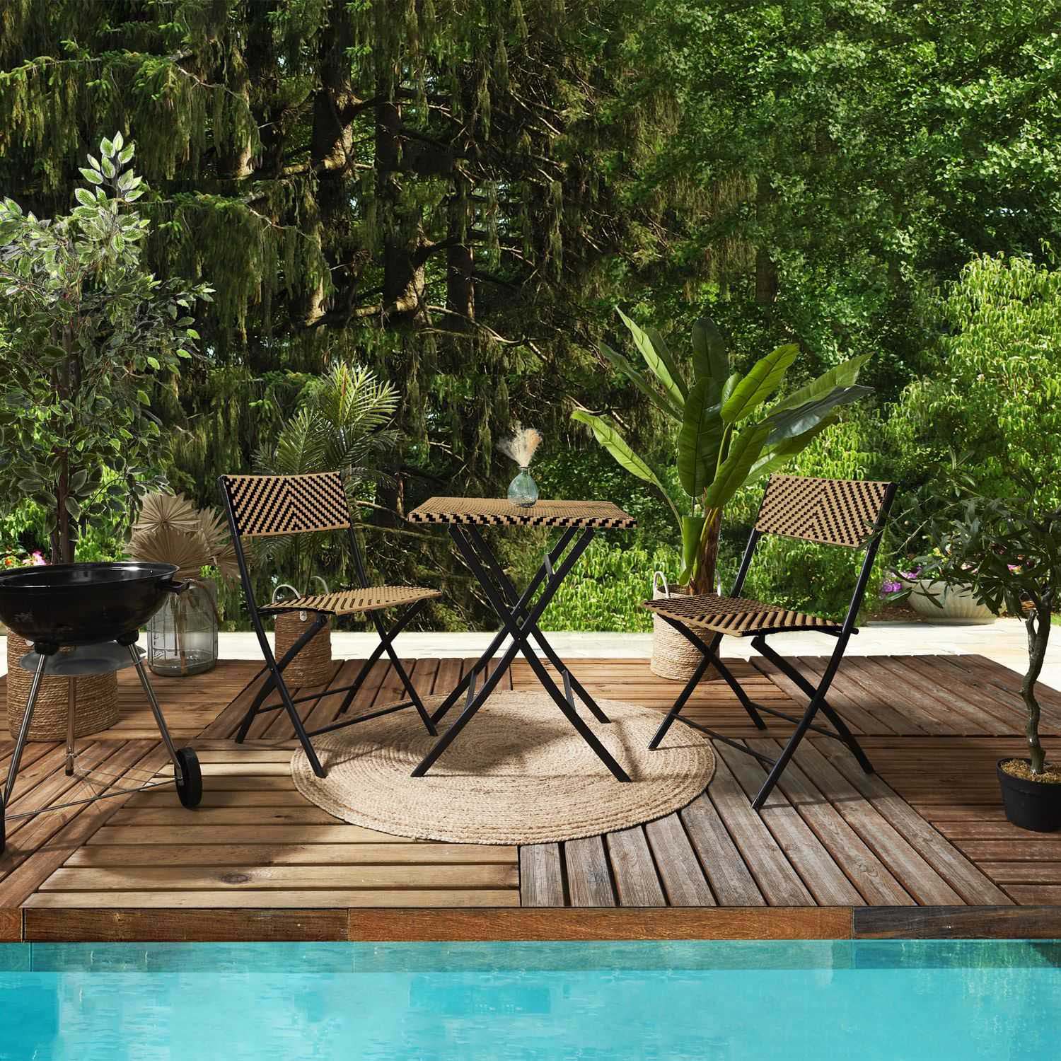 Table de jardin pliable plateau tressé